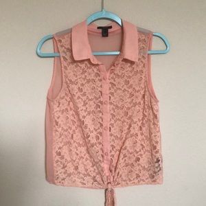 Forever 21 Peach Lacefront Collared Tank